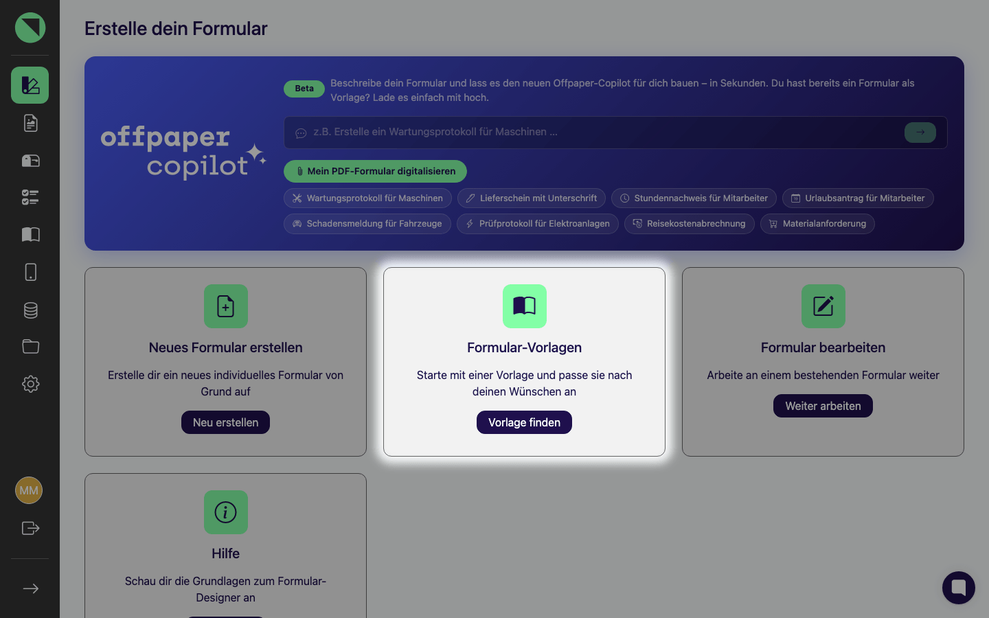 Startseite „Erstelle dein Formular" des Formular Designers mit hervorgehobener Kachel „Formular-Vorlagen" neben Neues Formular erstellen, Formular bearbeiten und Hilfe