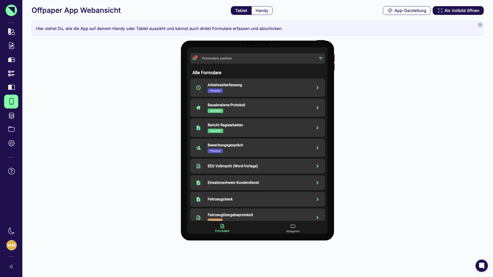 App-Webansicht direkt nach dem Öffnen: eingeblendete Info-Box, Umschalter Tablet/Handy und die App im Tablet-Mockup
