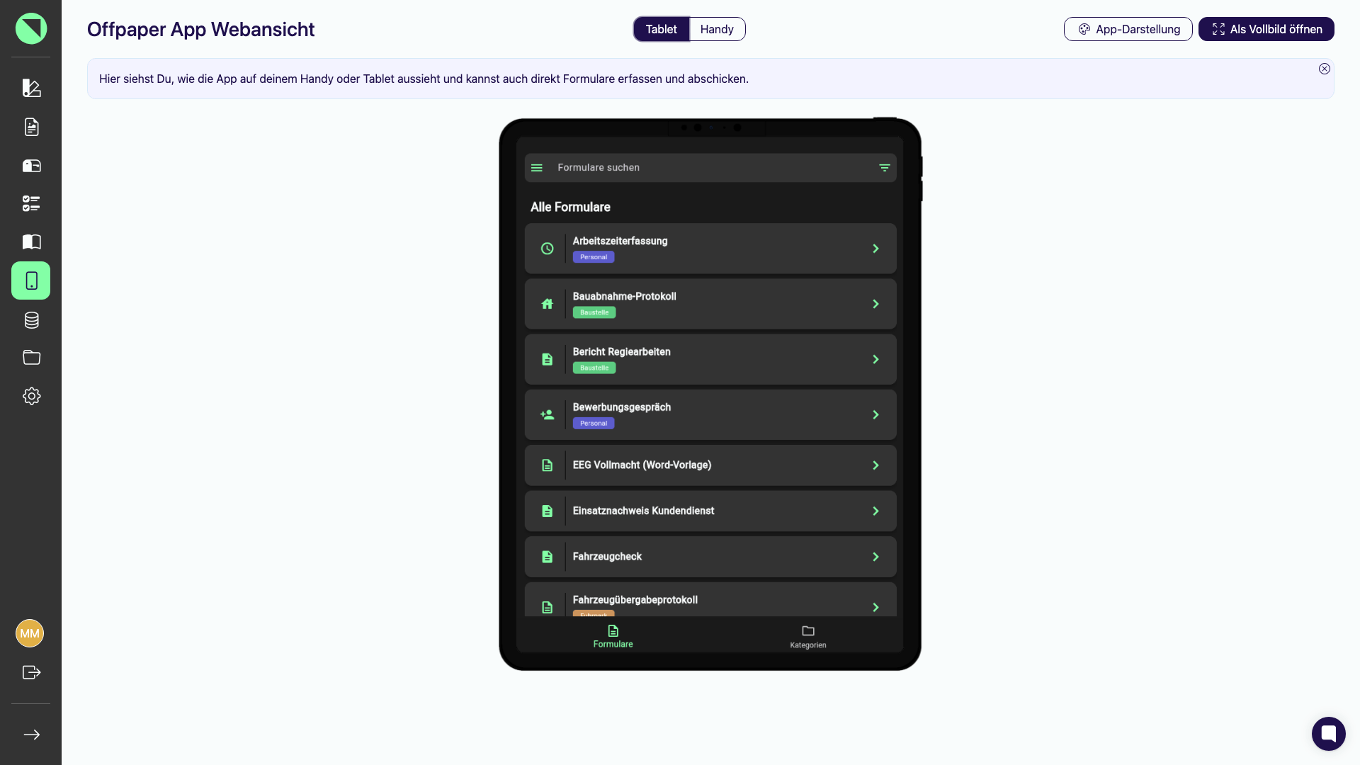 App-Webansicht im Zustand „Tablet" zum Vergleich mit der Handy-Ansicht