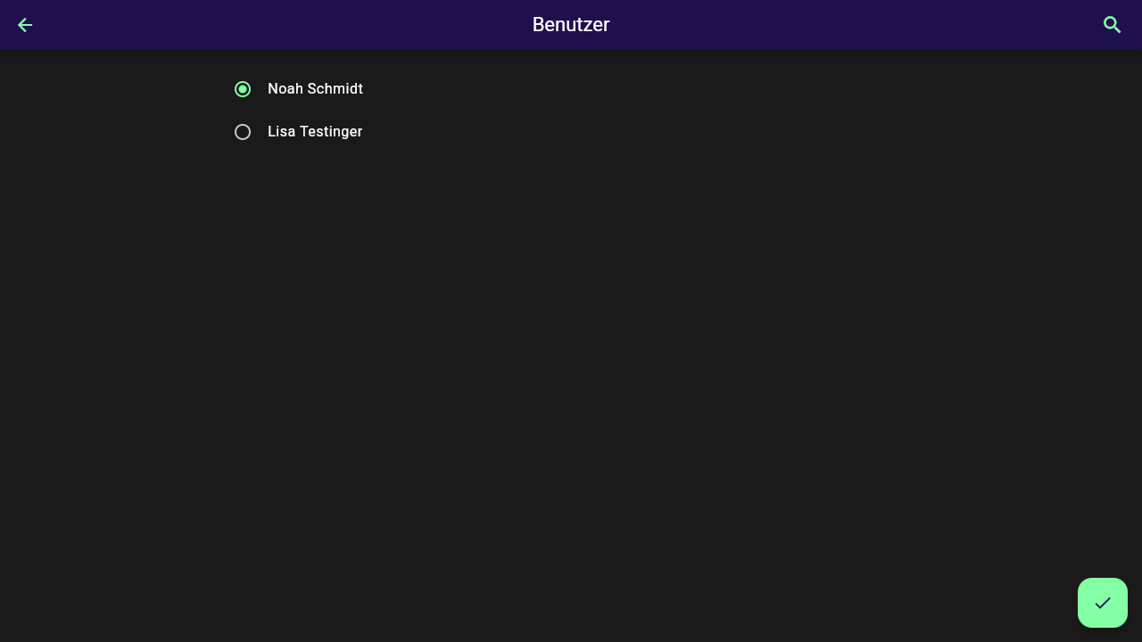 Auswahlbildschirm "Benutzer" mit der Liste der Arbeitsbereich-Mitglieder, "Noah Schmidt" per Radio-Button ausgewählt