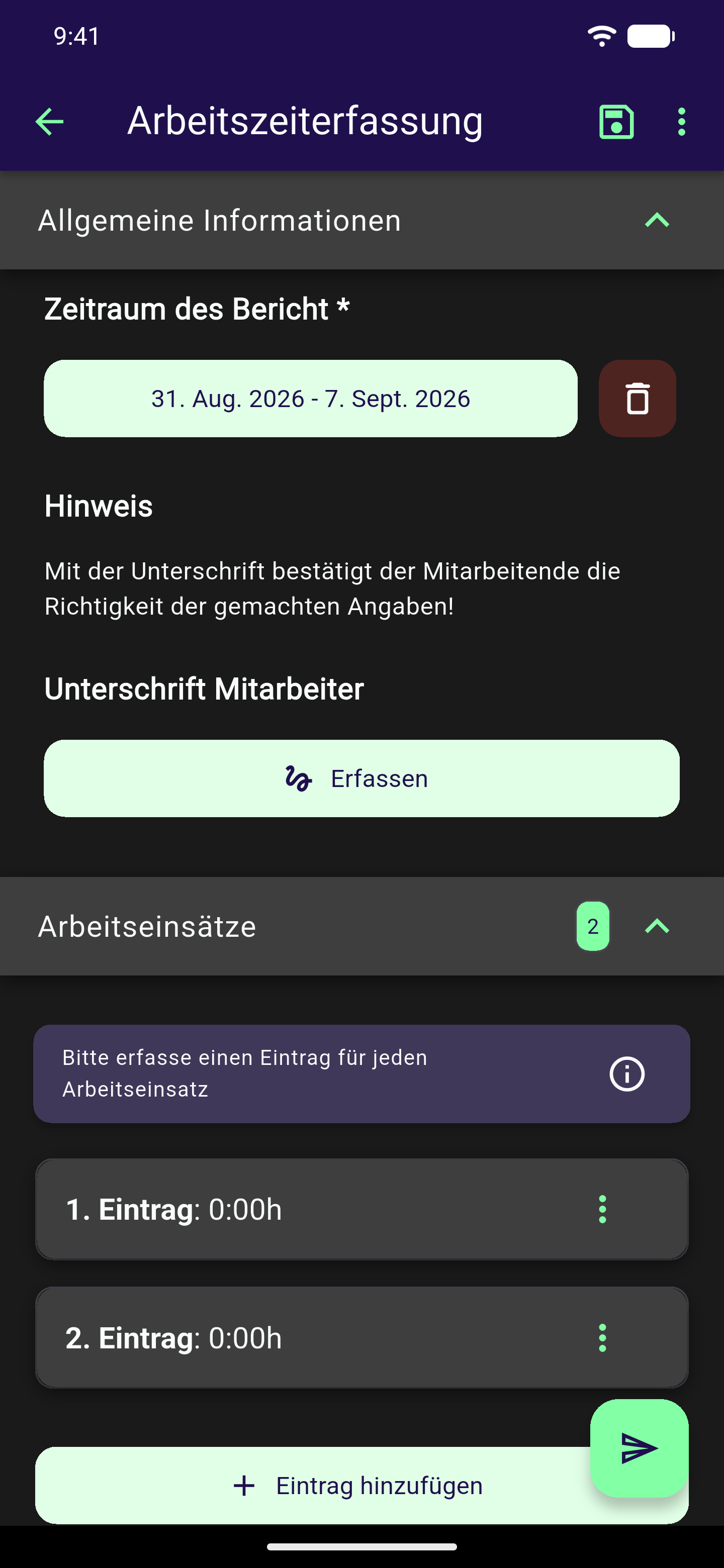 Wiederholungsgruppe "Arbeitseinsätze" mit dem Zähler 2 und den beiden Einträgen 1. Eintrag und 2. Eintrag, je mit Drei-Punkte-Menü