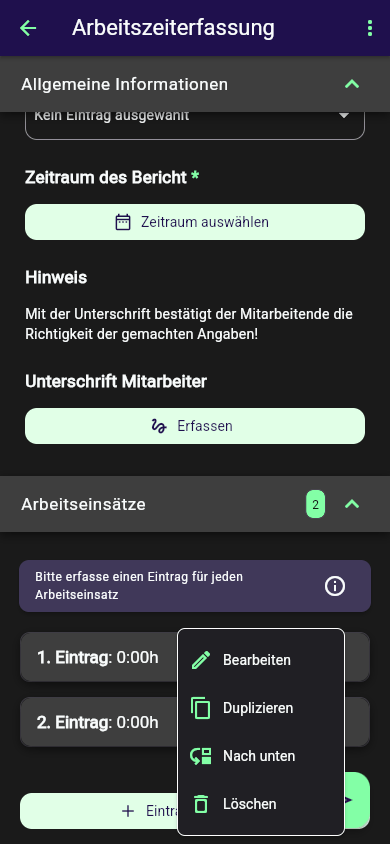Wiederholungsgruppe "Arbeitseinsätze" mit zwei Einträgen (1. Eintrag, 2. Eintrag) und geöffnetem Drei-Punkte-Menü mit den Optionen Bearbeiten, Duplizieren, Nach unten und Löschen