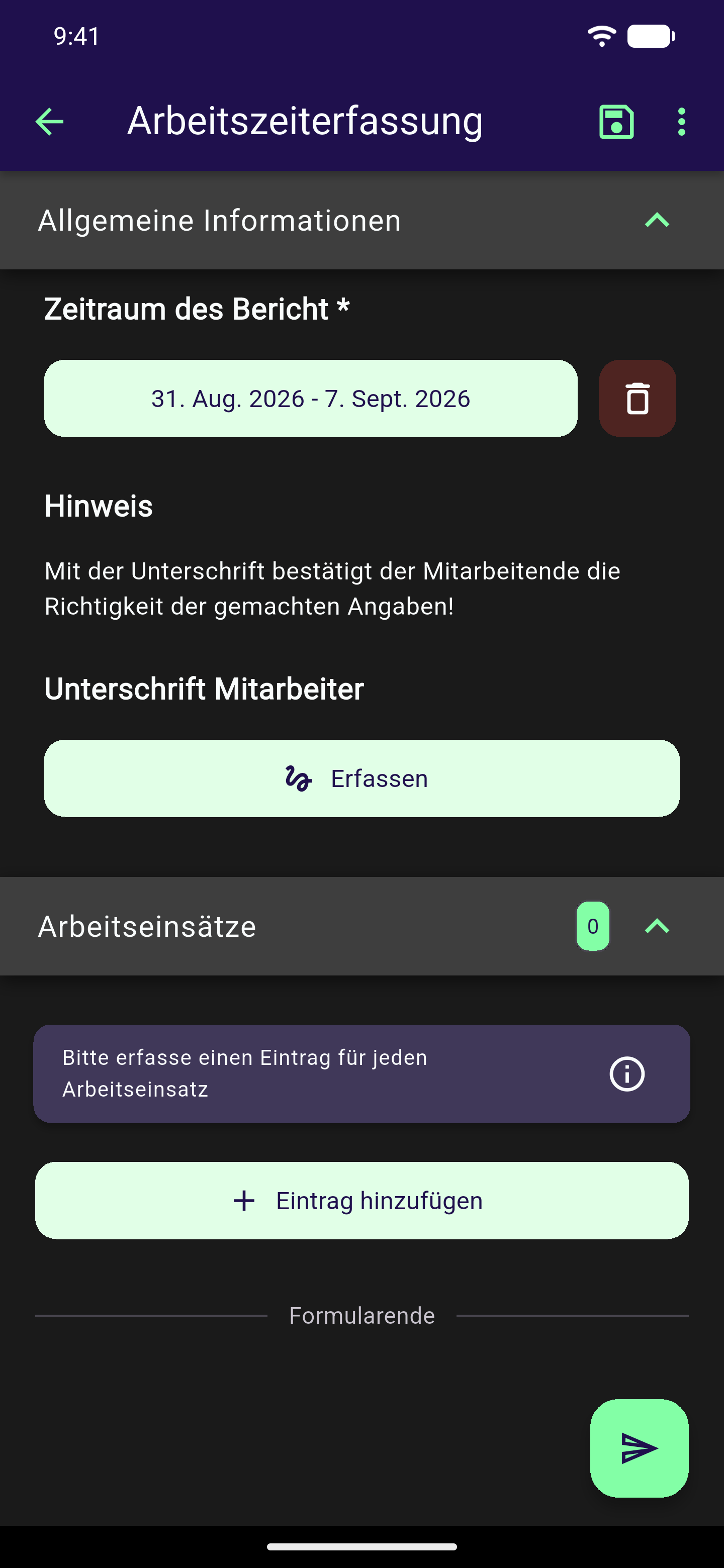 Noch leere Wiederholungsgruppe "Arbeitseinsätze" mit dem Zähler 0, einem Hinweistext und dem Button Eintrag hinzufügen