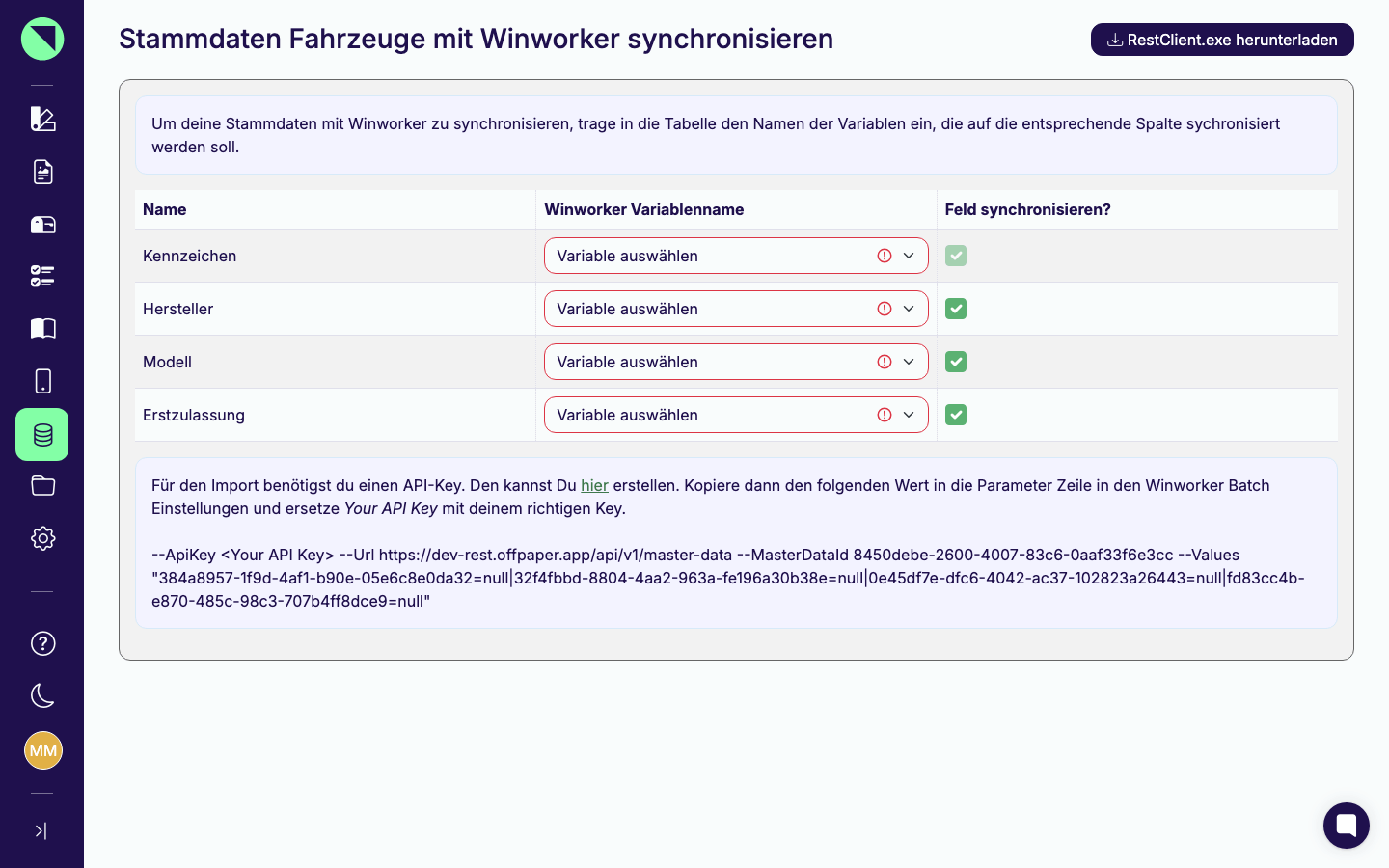 Seite „Stammdaten Fahrzeuge mit Winworker synchronisieren" mit der Zuordnungstabelle (Name, Winworker-Variablenname, Feld synchronisieren?), dem Button RestClient.exe herunterladen und dem erzeugten Parameter-String