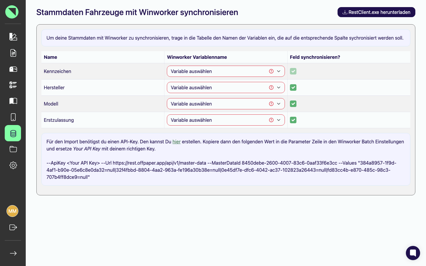 Seite „Stammdaten Fahrzeuge mit Winworker synchronisieren" mit der Zuordnungstabelle (Name, Winworker-Variablenname, Feld synchronisieren?), dem Button RestClient.exe herunterladen und dem erzeugten Parameter-String