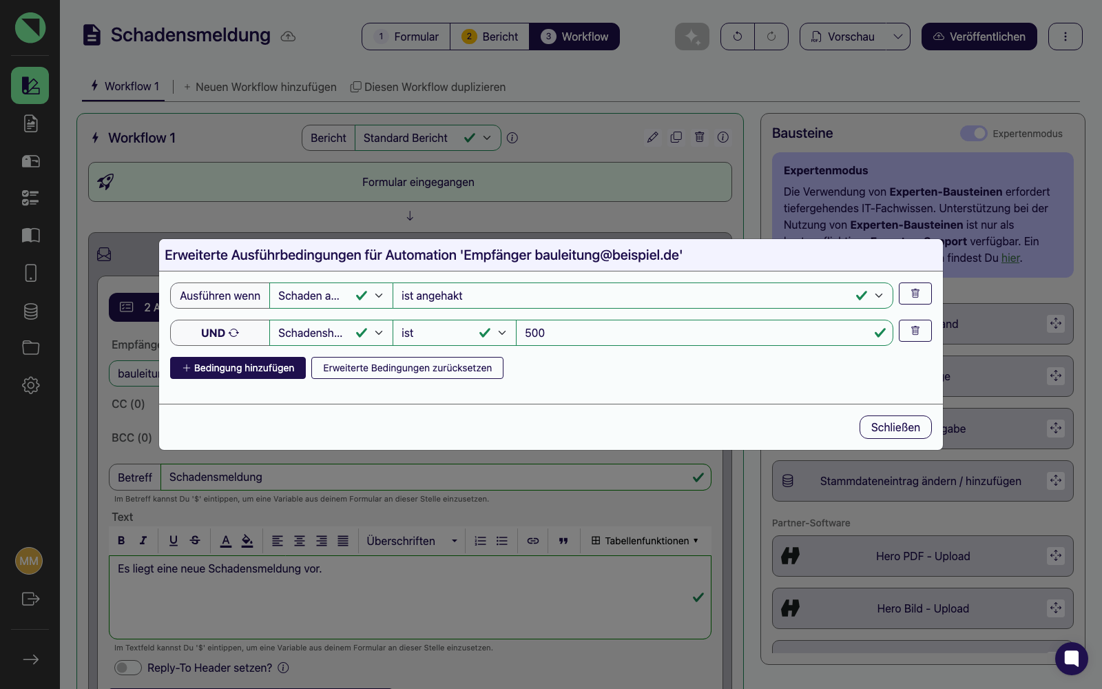 Geöffneter Dialog „Erweiterte Ausführbedingungen" für einen Automations-Baustein mit zwei UND-verknüpften Bedingungen