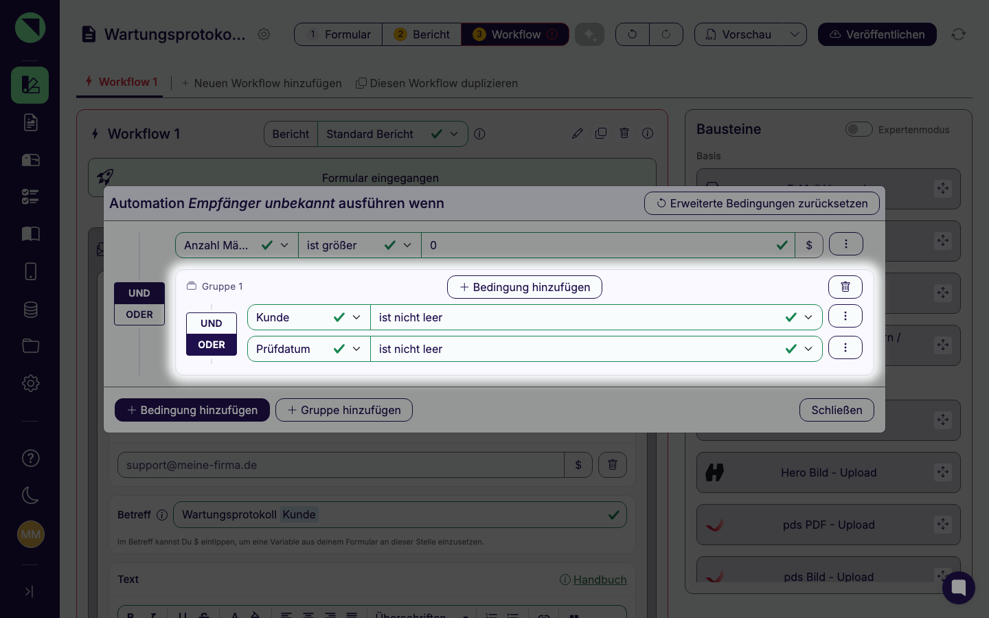 Geöffneter Bedingungsdialog eines Automations-Bausteins mit einer Einzelbedingung und einer UND-verknüpften Gruppe aus zwei ODER-Bedingungen sowie den Buttons „Bedingung hinzufügen" und „Gruppe hinzufügen"