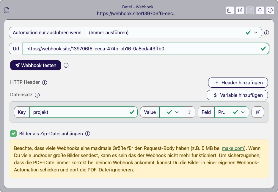 Aufgeklappter Datei-Webhook-Baustein mit Datensatz-Zuordnung und der Checkbox Bilder als Zip-Datei anhängen