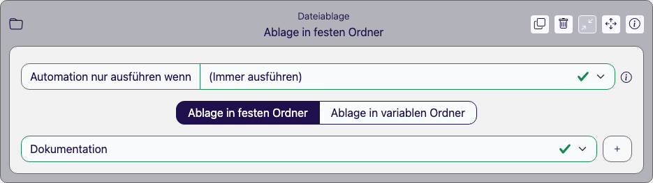 Aufgeklappter Dateiablage-Baustein mit der Wahl zwischen festem und variablem Ordner