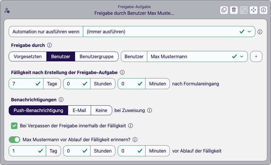 Aufgeklappter Freigabe-Aufgabe-Baustein mit der Auswahl „Freigabe durch", Fälligkeit und Benachrichtigungen