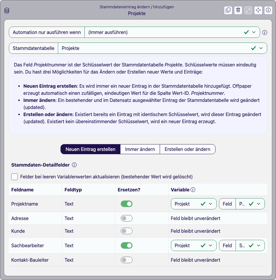Aufgeklappter Stammdateneintrag-Baustein mit Modus-Auswahl und der Tabelle der Stammdaten-Detailfelder
