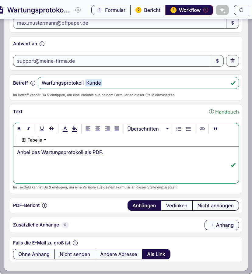 Aufgeklappter E-Mail-Versand-Baustein mit Empfänger-Feld, den Buttons CC, BCC und Antwort an, der eingeblendeten Karte Antwort an, Betreff, der Karte Text mit Link „Handbuch" und den Optionen PDF anhängen, PDF verlinken und PDF nicht anhängen