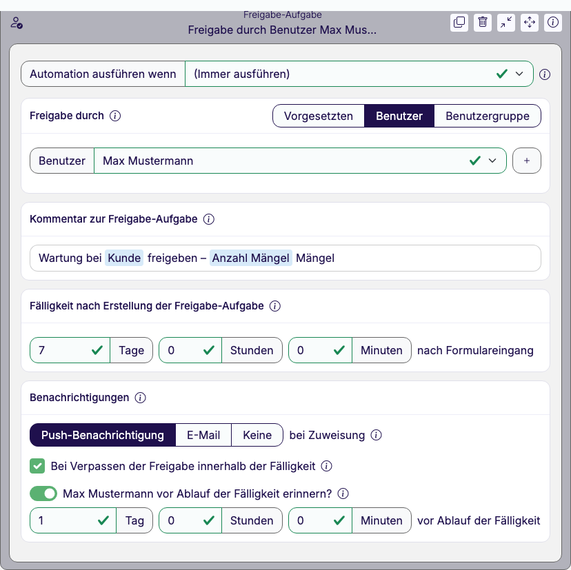 Aufgeklappter Freigabe-Aufgabe-Baustein mit den Karten „Freigabe durch" (Schaltergruppe Vorgesetzten, Benutzer, Benutzergruppe), „Falls kein Vorgesetzter definiert", „Kommentar zur Freigabe-Aufgabe" mit eingefügten Variablen, „Fälligkeit nach Erstellung der Freigabe-Aufgabe" und „Benachrichtigungen"