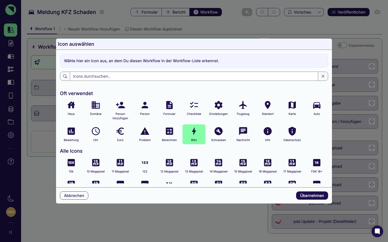 Geöffnetes Modal „Icon auswählen" mit einer Auswahl an Icons sowie den Buttons Abbrechen und Übernehmen