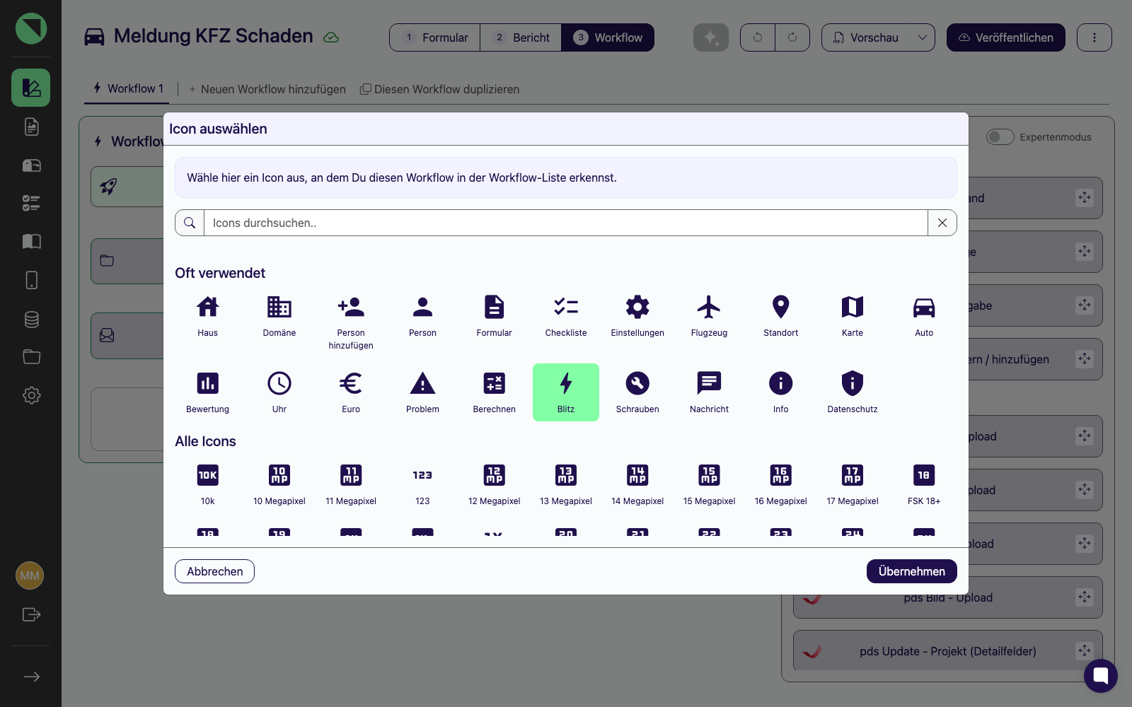 Geöffnetes Modal „Icon auswählen" mit einer Auswahl an Icons sowie den Buttons Abbrechen und Übernehmen