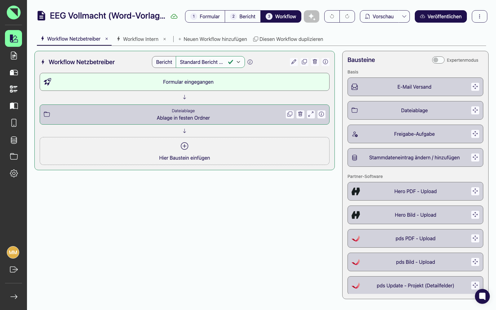 Bausteine-Palette mit der Gruppe Partner-Software und mehreren aktivierten Integrations-Bausteinen, u. a. "Hero PDF - Upload", "Hero Bild - Upload", "pds PDF - Upload", "pds Bild - Upload" und "pds Update - Projekt (Detailfelder)"