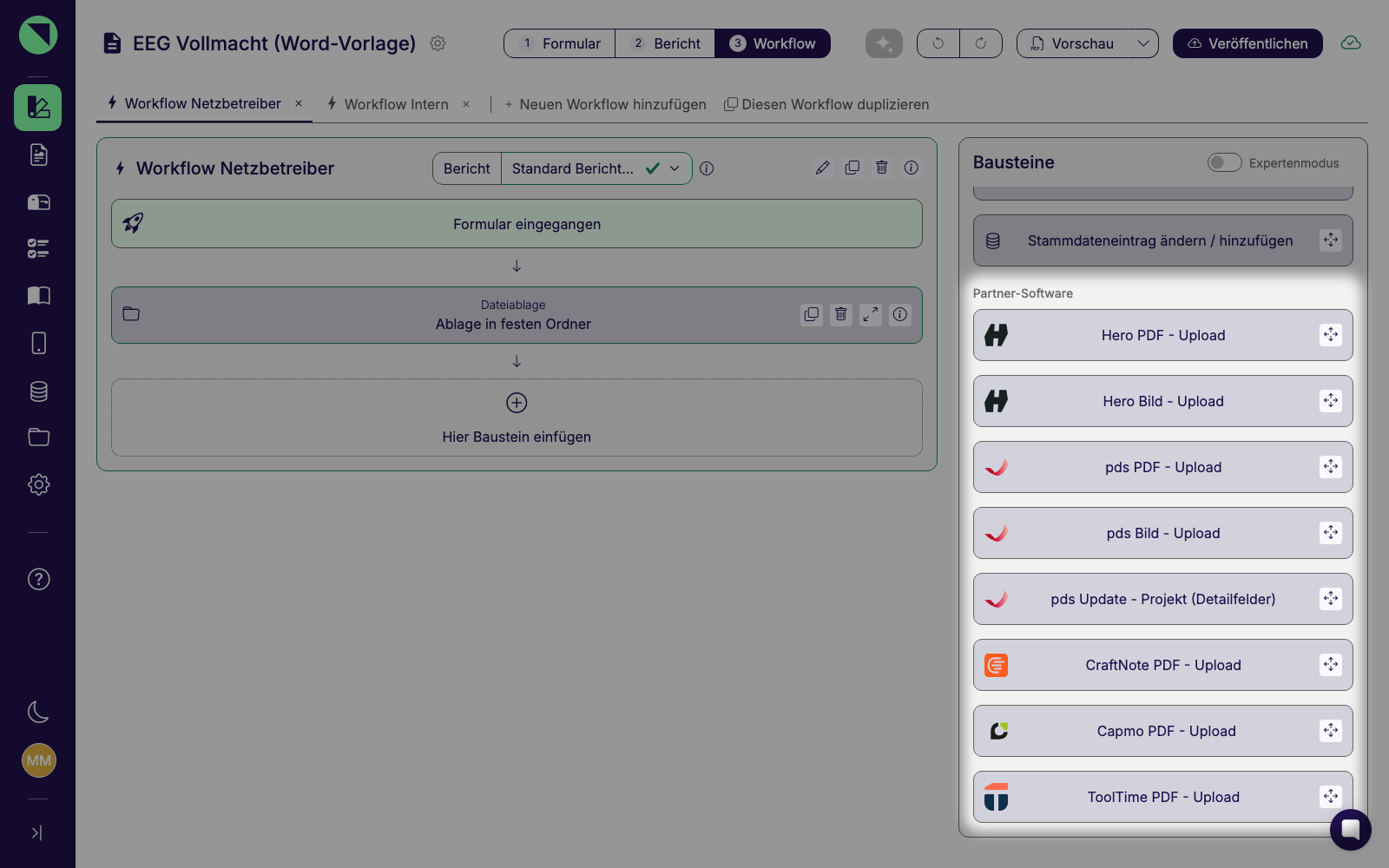 Workflow-Reiter mit hervorgehobener Gruppe Partner-Software in der Bausteine-Palette rechts: die Bausteine "Hero PDF - Upload", "Hero Bild - Upload", "pds PDF - Upload", "pds Bild - Upload", "pds Update - Projekt (Detailfelder)", "CraftNote PDF - Upload", "Capmo PDF - Upload" und "ToolTime PDF - Upload"