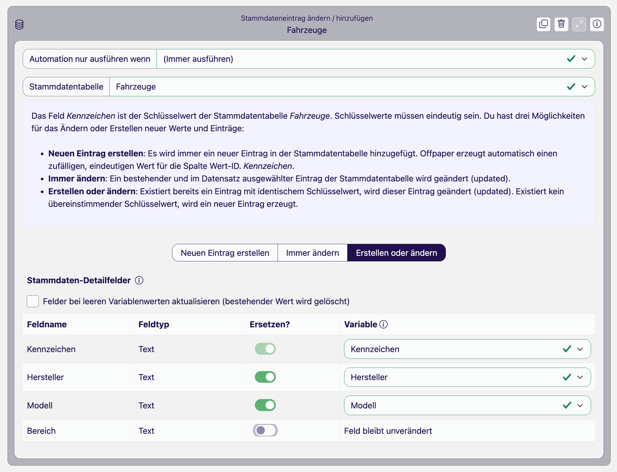 Workflow-Baustein Stammdateneintrag ändern / hinzufügen für die Tabelle Fahrzeuge: gewählte Funktionsweise Erstellen oder ändern und darunter die Zuordnung der Detailfelder Kennzeichen, Hersteller und Modell zu Formular-Variablen