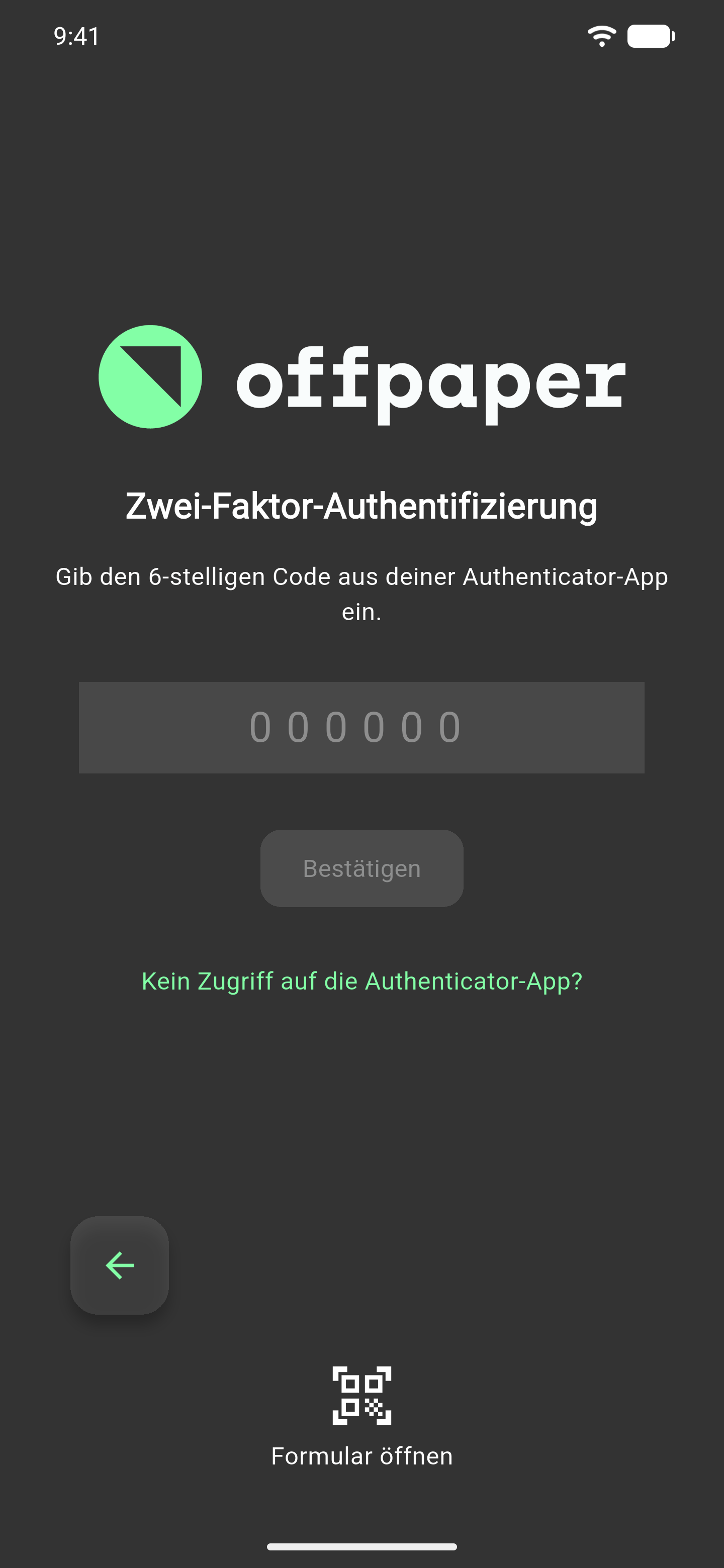 Anmeldebildschirm "Zwei-Faktor-Authentifizierung" mit dem sechsstelligen Zifferneingabefeld, dem Button Bestätigen und dem Link Kein Zugriff auf die Authenticator-App