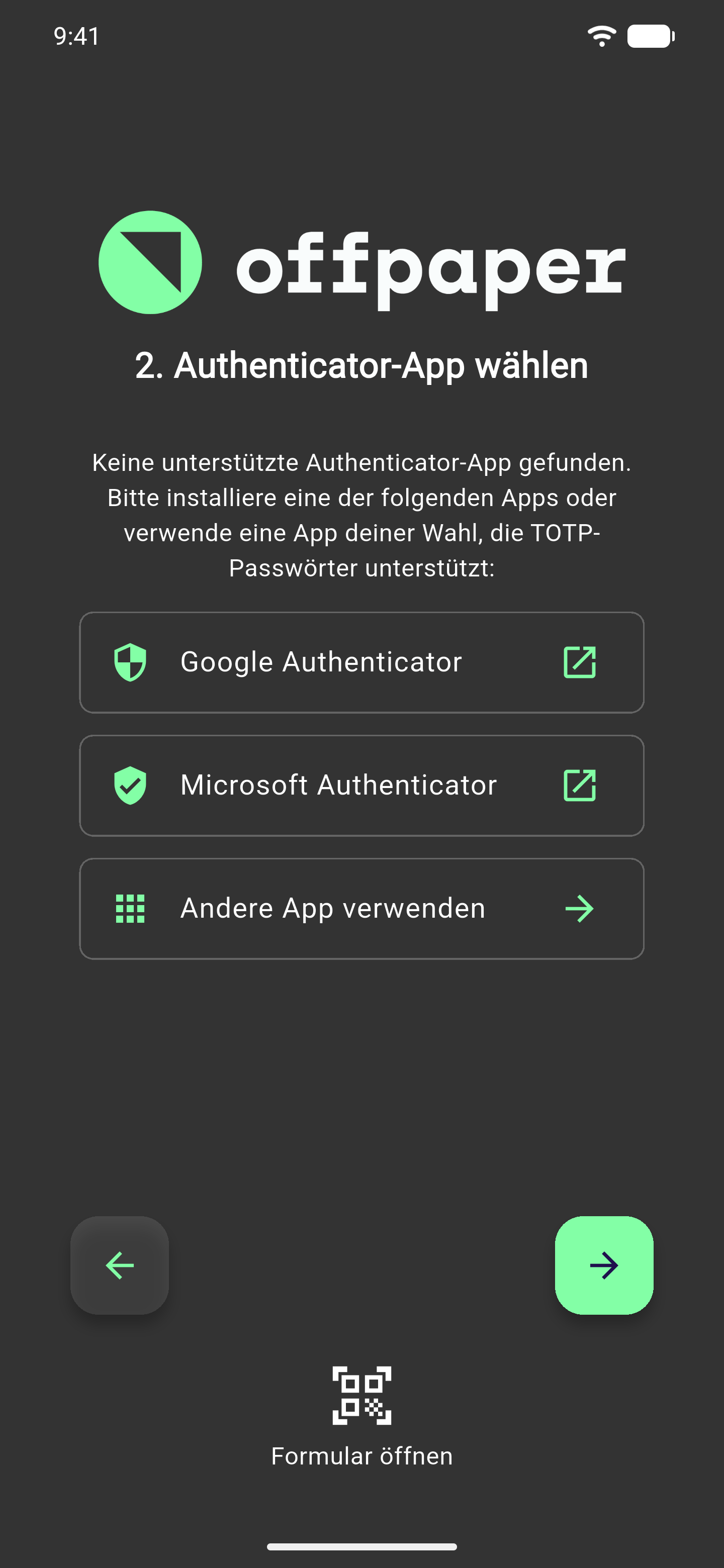 Einrichtungsschritt "2. Authenticator-App wählen" mit Google Authenticator, Microsoft Authenticator und der Option Andere App verwenden