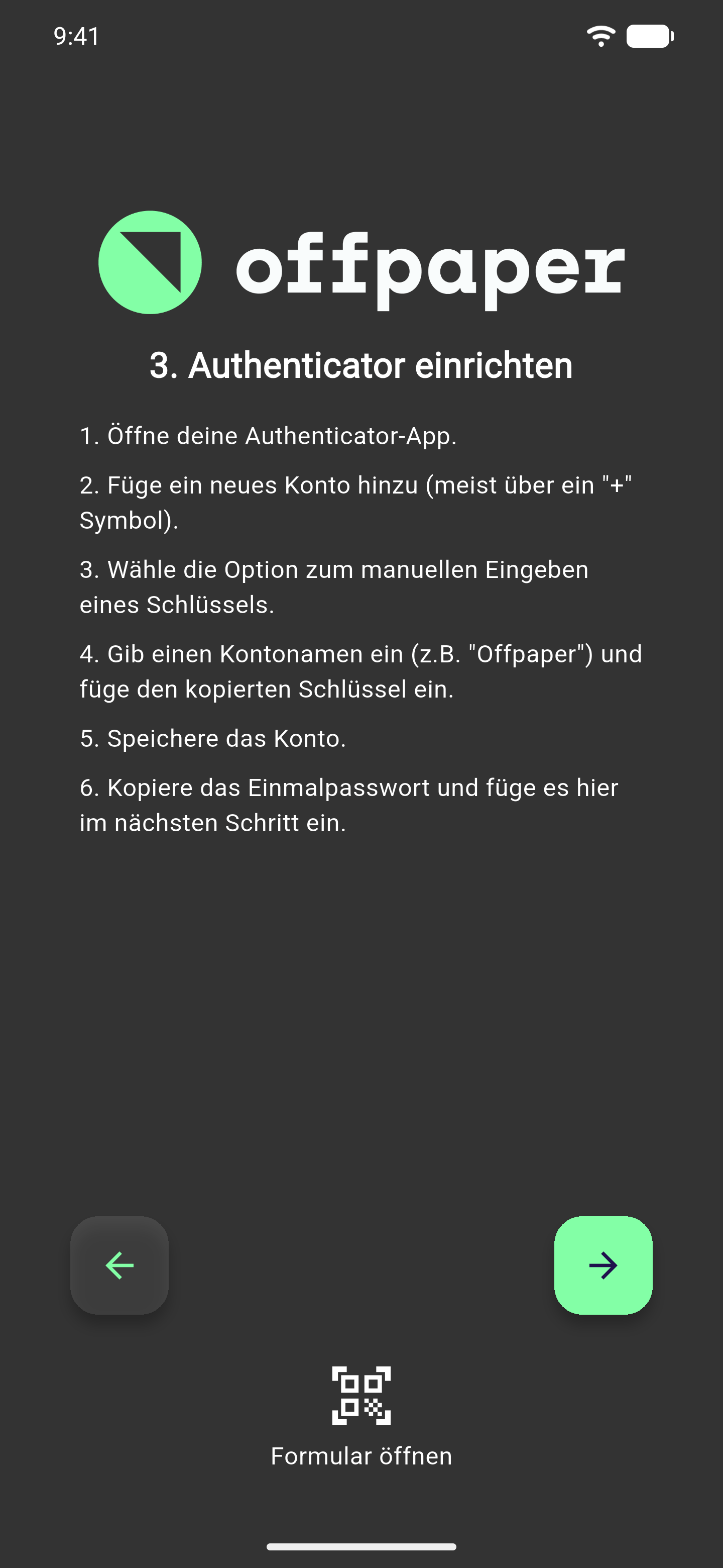 Einrichtungsschritt "3. Authenticator einrichten" mit der nummerierten Anleitung vom Öffnen der App bis zum Kopieren des Einmalpassworts