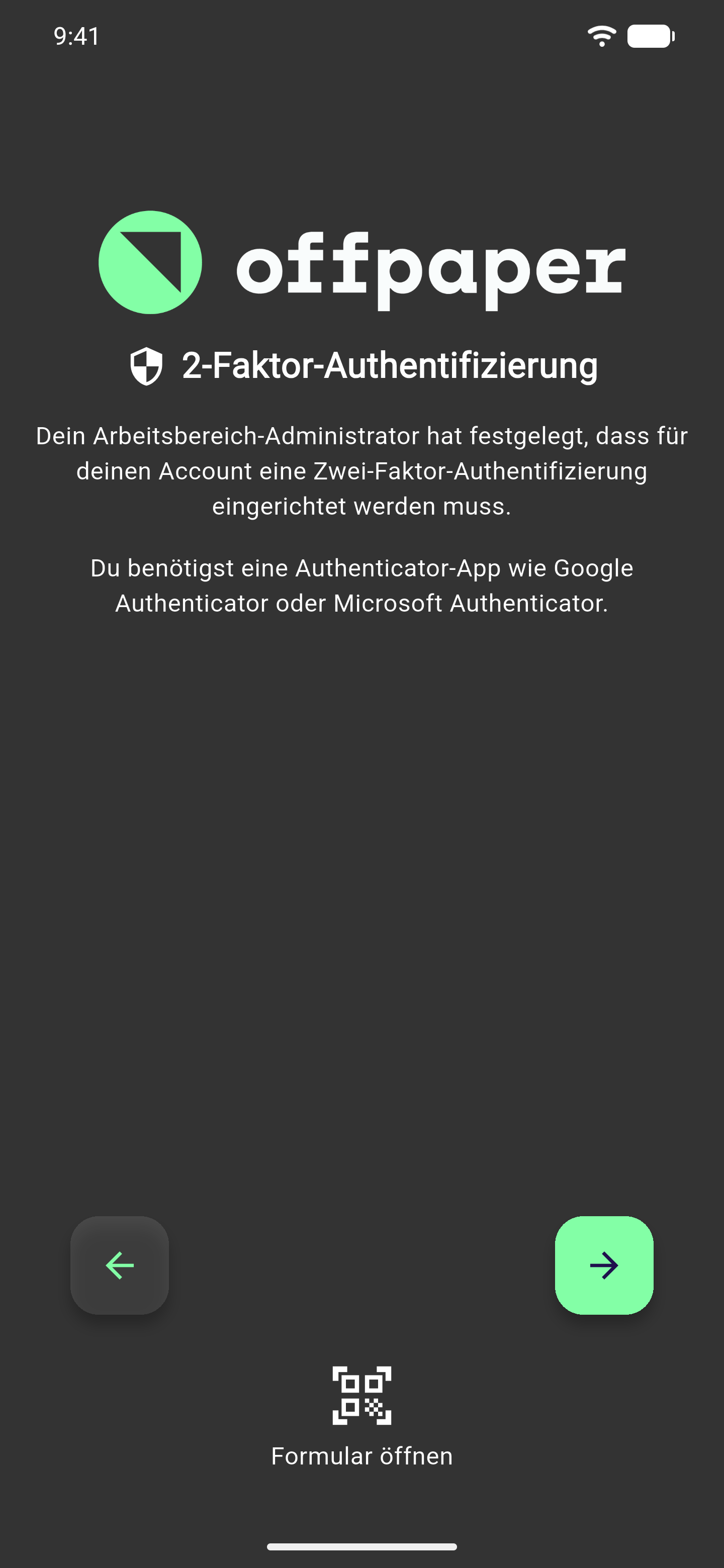 Startbildschirm der 2FA-Einrichtung mit dem Hinweis, dass der Arbeitsbereich-Administrator die Zwei-Faktor-Authentifizierung festgelegt hat, und dem Hinweis auf eine Authenticator-App