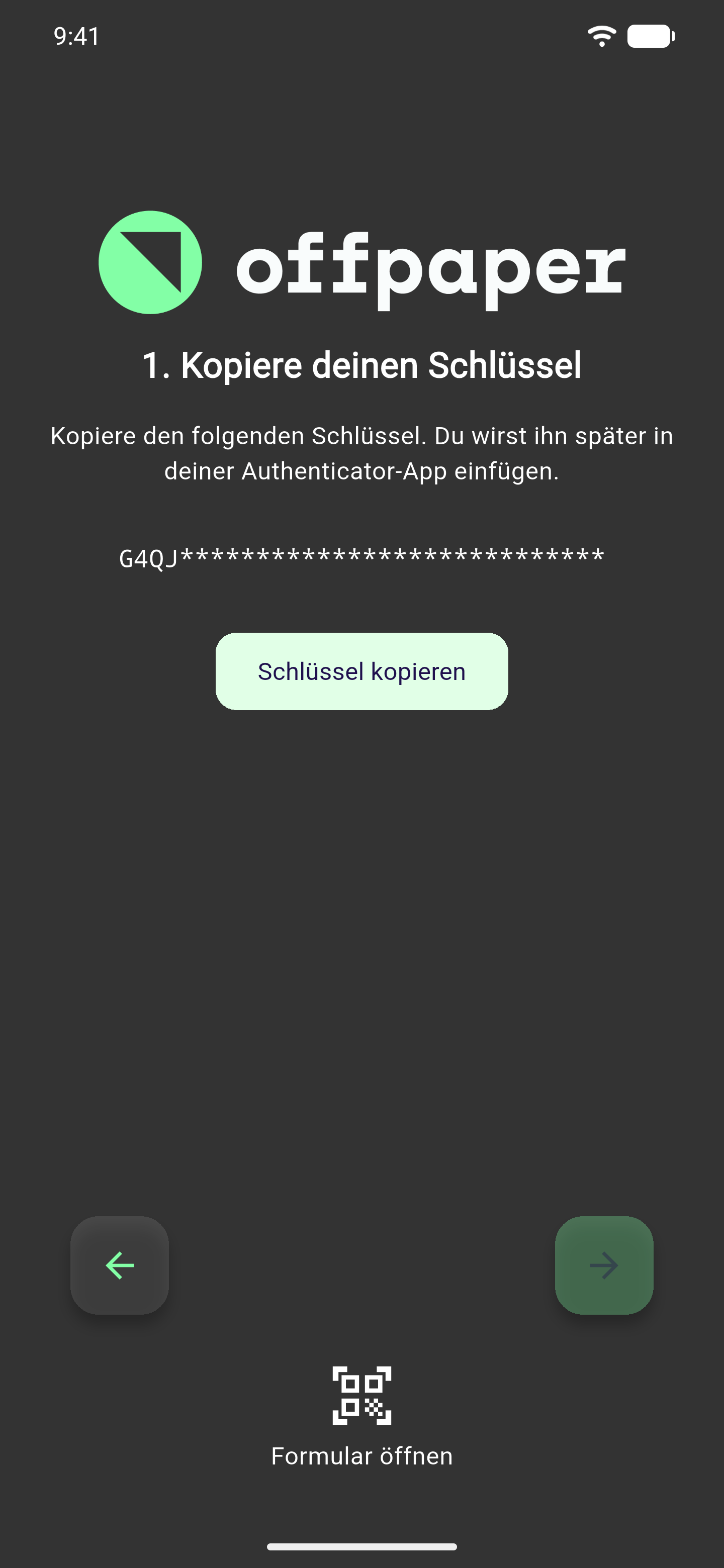Einrichtungsschritt "1. Kopiere deinen Schlüssel" mit dem maskierten Schlüssel und dem Button Schlüssel kopieren