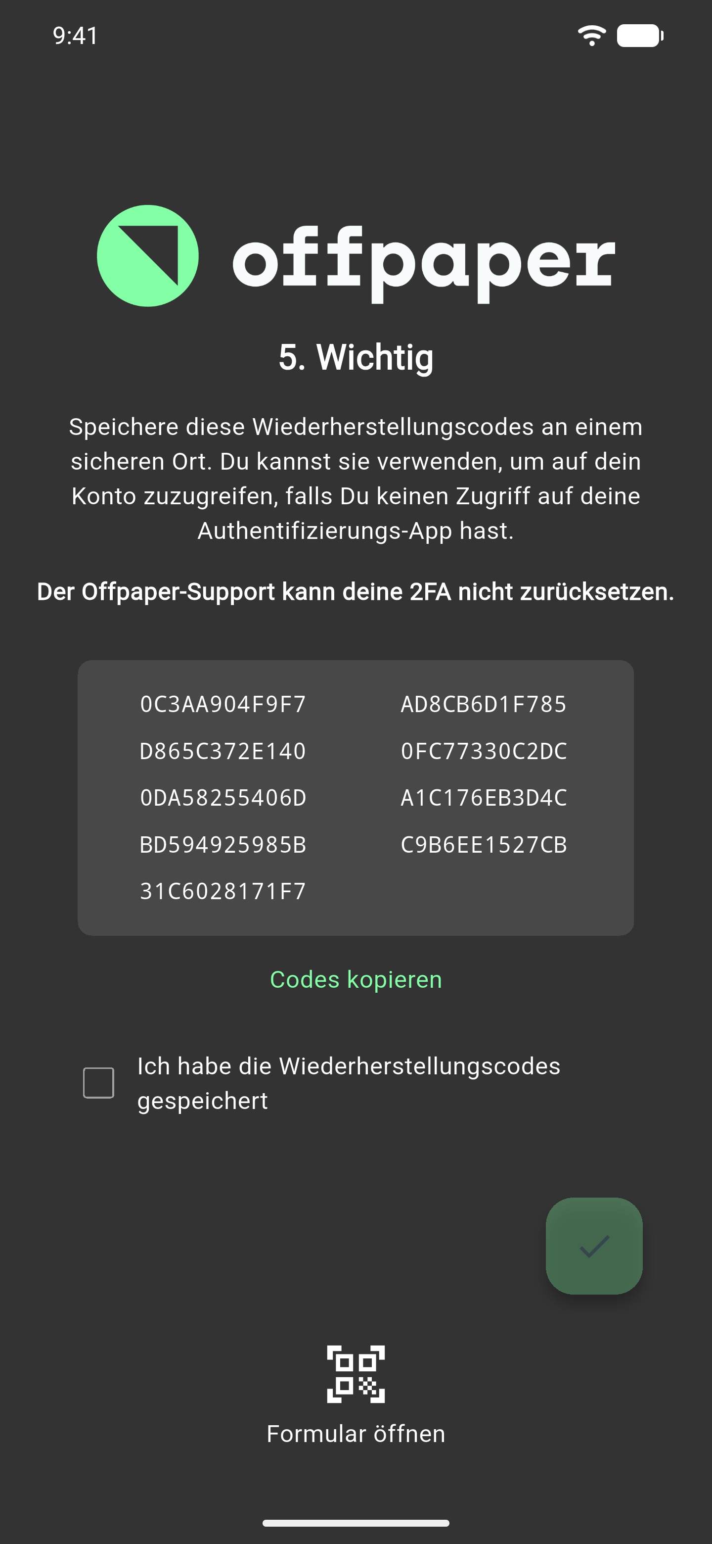 Schritt "5. Wichtig" mit der Liste der Wiederherstellungscodes, dem Link Codes kopieren und der Checkbox Ich habe die Wiederherstellungscodes gespeichert